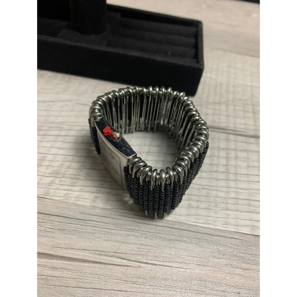 Geneva Womens Safety Pin Seed Bead Stretch Bracelet Watch Silver Black New 1545
